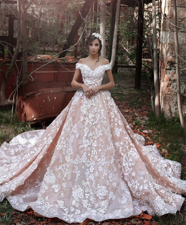 Sexy Pink Off The Shoulder Wedding Dresses | Lace Appliques Chapel Train Bridal Dresses-newarrivaldress