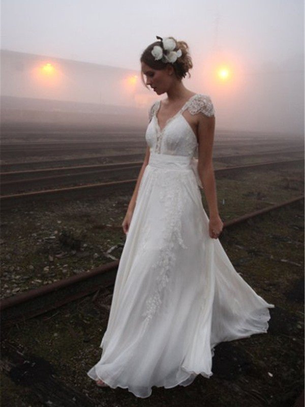 Chiffon Sexy Sleeveless V-neck Floor Length Lace Wedding Dresses-newarrivaldress