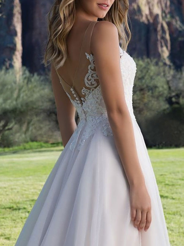 Wedding Dress A Line V Neck Sleeveless Lace Beach Party Bridal Gowns With Train-newarrivaldress