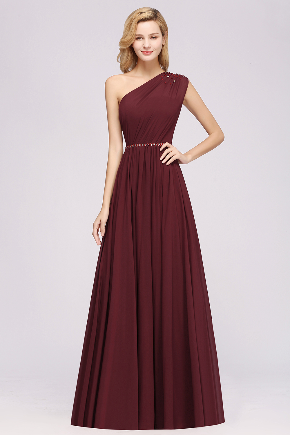 Elegant A-Line Burgundy Chiffon One-Shoulder Sleeveless Ruffles Floor-Length Bridesmaid Dresses with Beadings-newarrivaldress