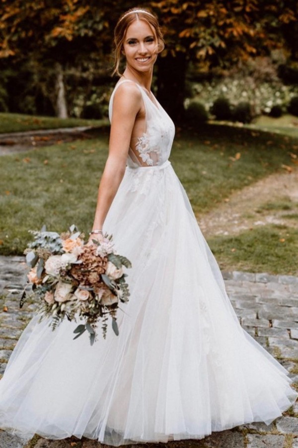 Sleeveless Tulle Lace Aline Wedding Dress V-Neck Bridal Dress-newarrivaldress