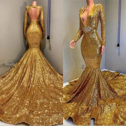 Gorgeous Mermaid Sequins Long Sleeve Floor Length Long Prom Dresses-newarrivaldress