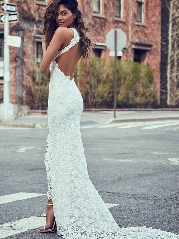Lace Mermaid Bridal Gowns with Sweep Train | Sexy Sleeveless Halter Wedding Dresses
