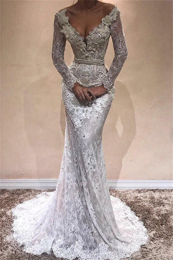 Lace Mermaid Long Sleeve Prom Dresses | Sexy Open Back Long Evening Dresses with Pearl Chains