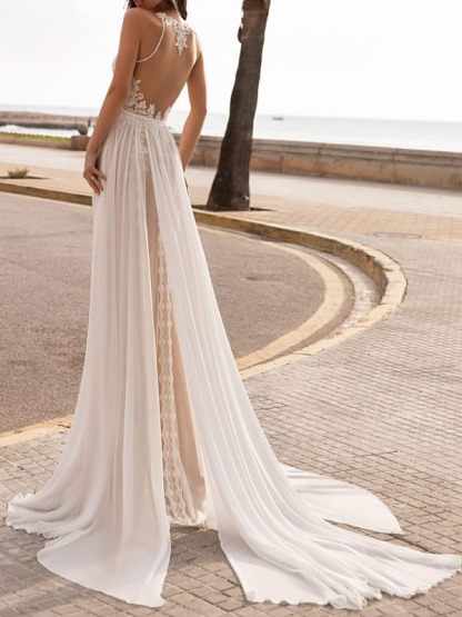 Ivory Wedding Dresses A Line With Court Train Sleeveless Applique Illusion Neckline Bridal Gowns-newarrivaldress