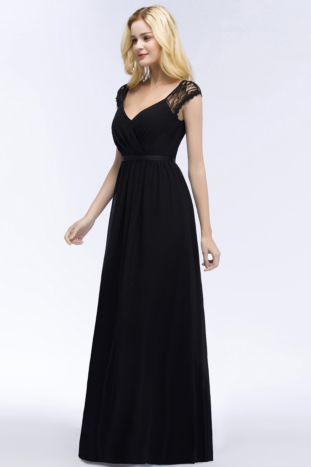 ROSALIA | A-line V-neck Floor Length Lace Chiffon Bridesmaid Dresses with Sash-newarrivaldress