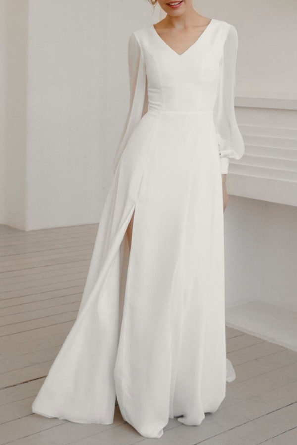 White Simple Wedding Dress With Train A Line V Neck Long Sleeves Split Front Chiffon Bridal Gowns-newarrivaldress