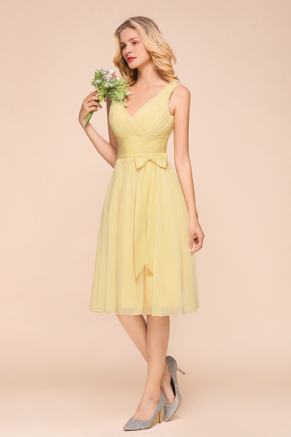 Elegant Daffodil Ruffle Chiffon Short Bridesmaid Dress Sleeveless Aline Tea Length Formal Dress-newarrivaldress