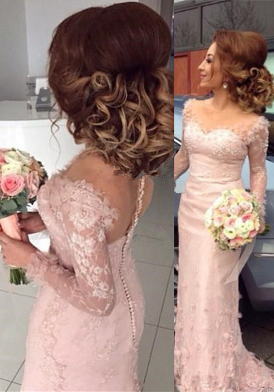 Long-Sleeve Pink Sheer Appliques Sheath Buttons Lace Bridesmaid Dress-newarrivaldress