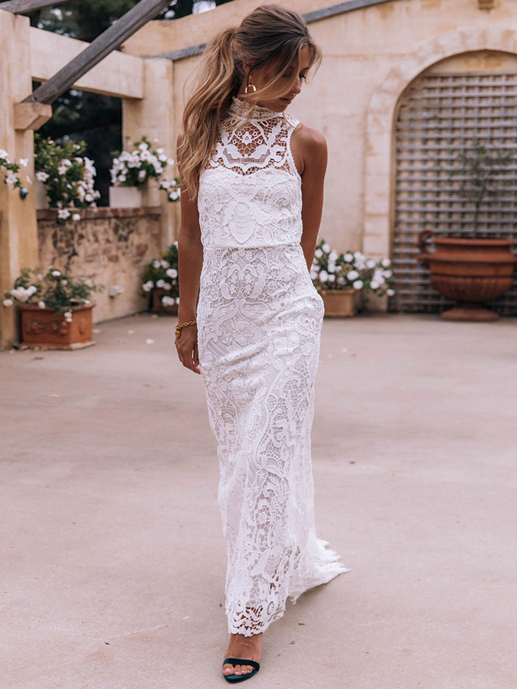 Boho Wedding Dress 2021 Sheath High Neck Sleeveless Floor Length Bridal Gown-newarrivaldress