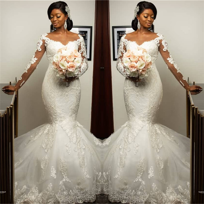 Long Sleeve Sheer Tulle Mermaid Lace Appliques Wedding Dresses Online-newarrivaldress