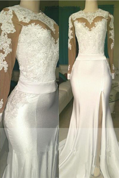 Open Back Long Sleeve White Long Prom Dresses | Mermaid Lace Formal Dresses with Sleeves-newarrivaldress