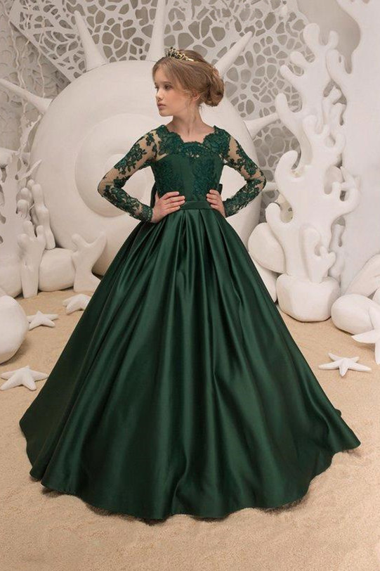 Satin Dark Green Jewel Lace Flower Girl Dresses With Bow| Long Sleeves Floor Length Girl Party Dresses-newarrivaldress