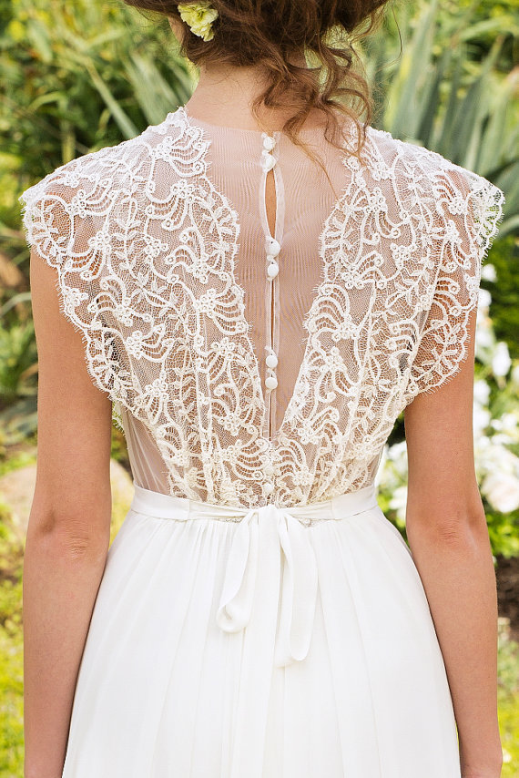 Sleeveless V-neck Lace Wedding Dresses | Chiffon Backless Simple Bridal Gowns