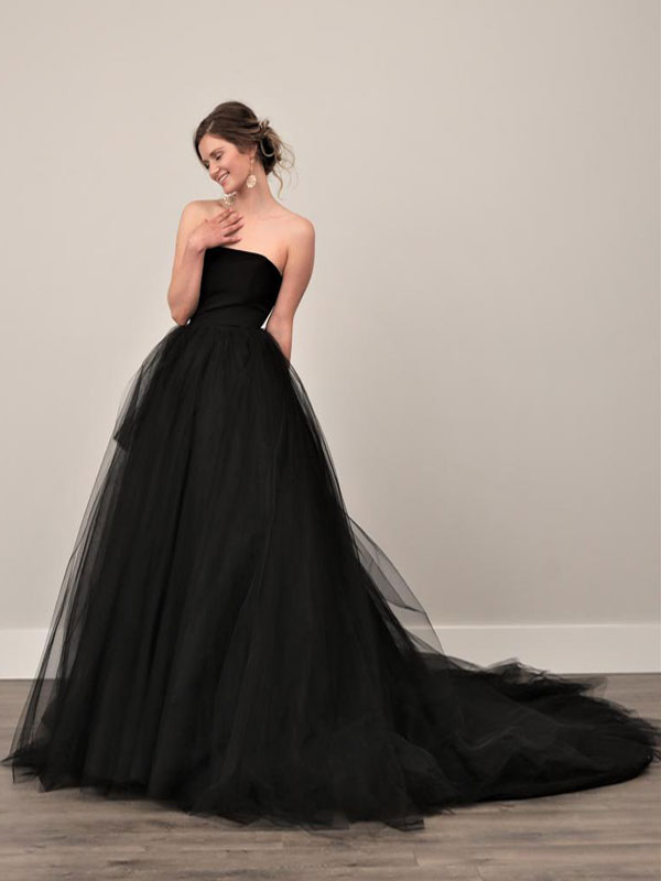 Black Wedding Dresses A-Line Strapless Pleated Taffeta Tulle Chapel Train Bridal Dress-newarrivaldress