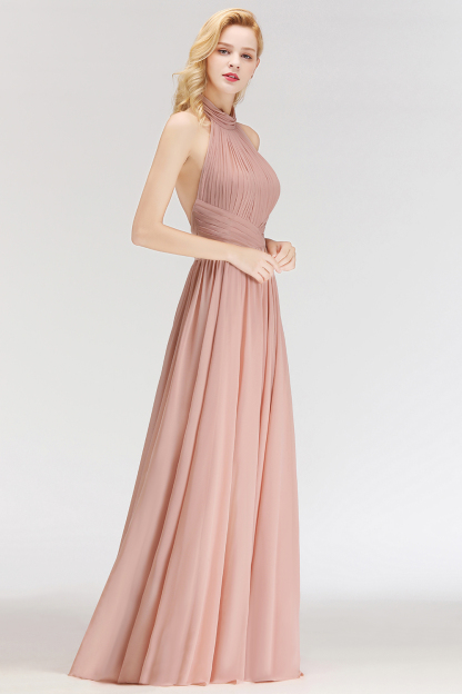 NORAH | A-line Floor Length Halter Ruffled Chiffon Bridesmaid Dresses-newarrivaldress