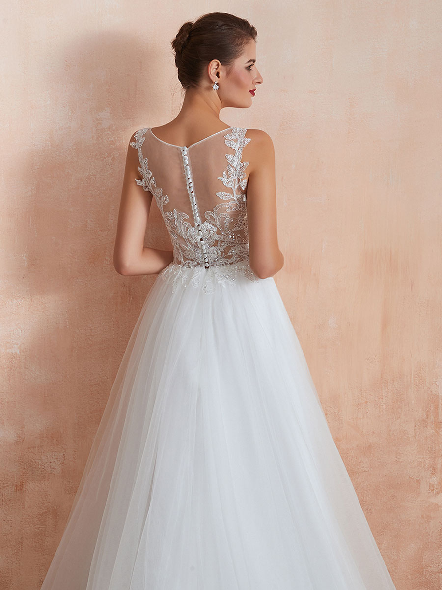 Wedding Dress 2021 A Line Sleeveless Lace Floor Length Tulle Bridal Gowns With Train-newarrivaldress
