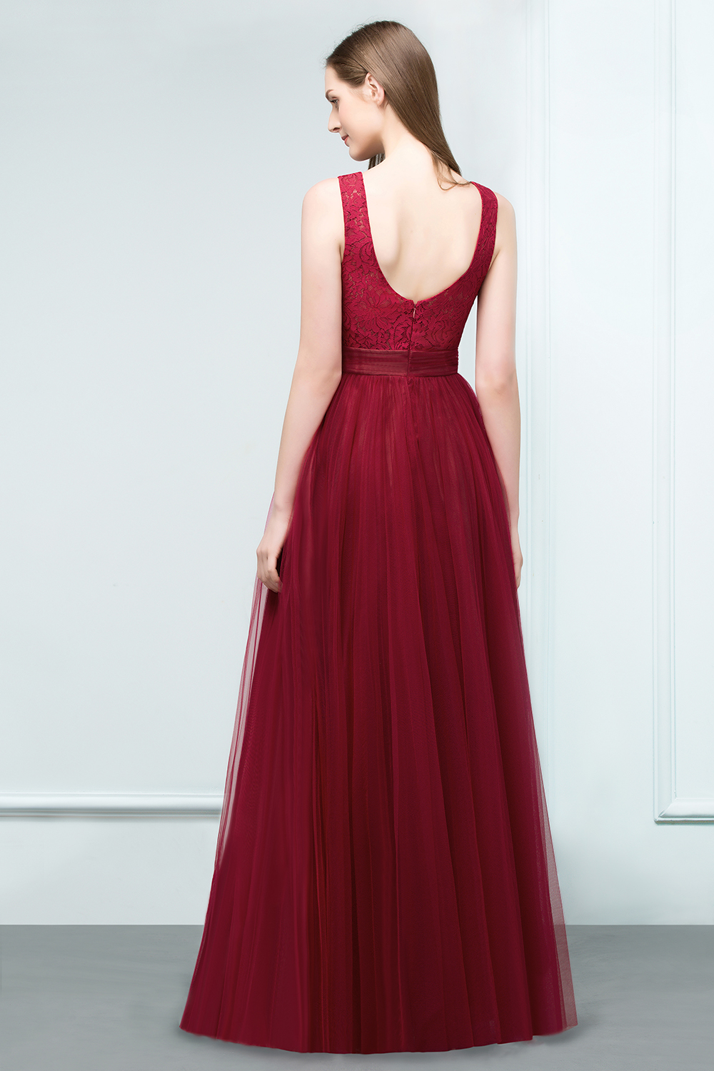 JULIANNA | A-line Scoop Long Sleevless Lace Top Burgundy Tulle Prom Dresses-newarrivaldress