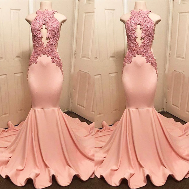 Sexy Sleeveless Halter Pink Lace Appliques Mermaid Prom Dresses with Court Train-newarrivaldress