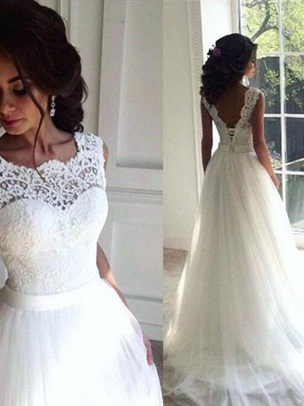 Sleeveless Sexy Wedding Dresses Online | Ribbon Lace Tulle Sweep Train Bateau Bridal Gowns-newarrivaldress