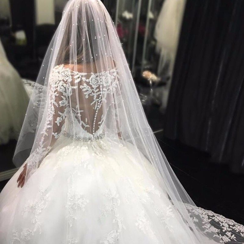Luxury Tulle Long Sleeve Scoop Crystals Custom Made Wedding Dresses-newarrivaldress