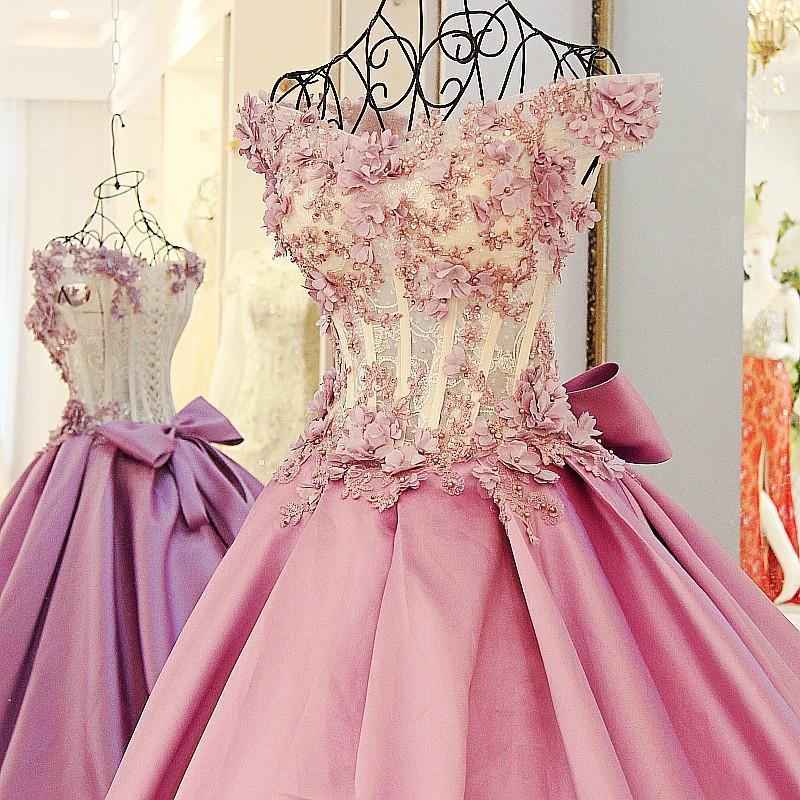 Beaded Puffy Off The Shoulder Pink Flowers Appliques Bows Long Prom Dresses-newarrivaldress