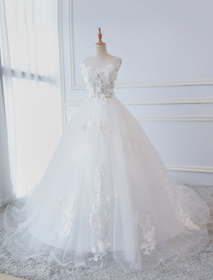 Princess Wedding Dresses Ball Gowns Lace Flowers Applique Sleeveless Bridal Gowns With Train-newarrivaldress