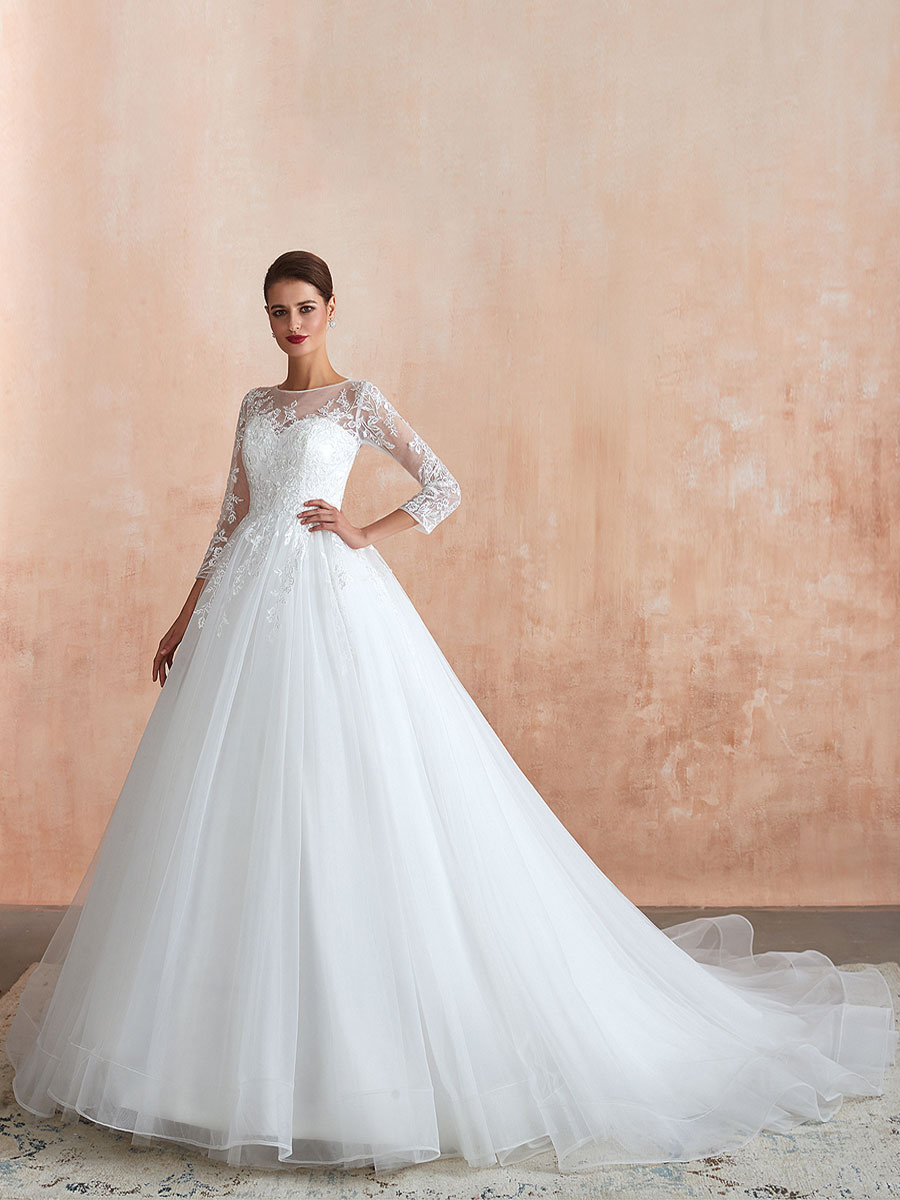 Wedding Gown 2021 3/4 Sleeve Jewel Neck Lace Appliqued Beaded Ball Gown Bridal Wedding Dress With Train-newarrivaldress