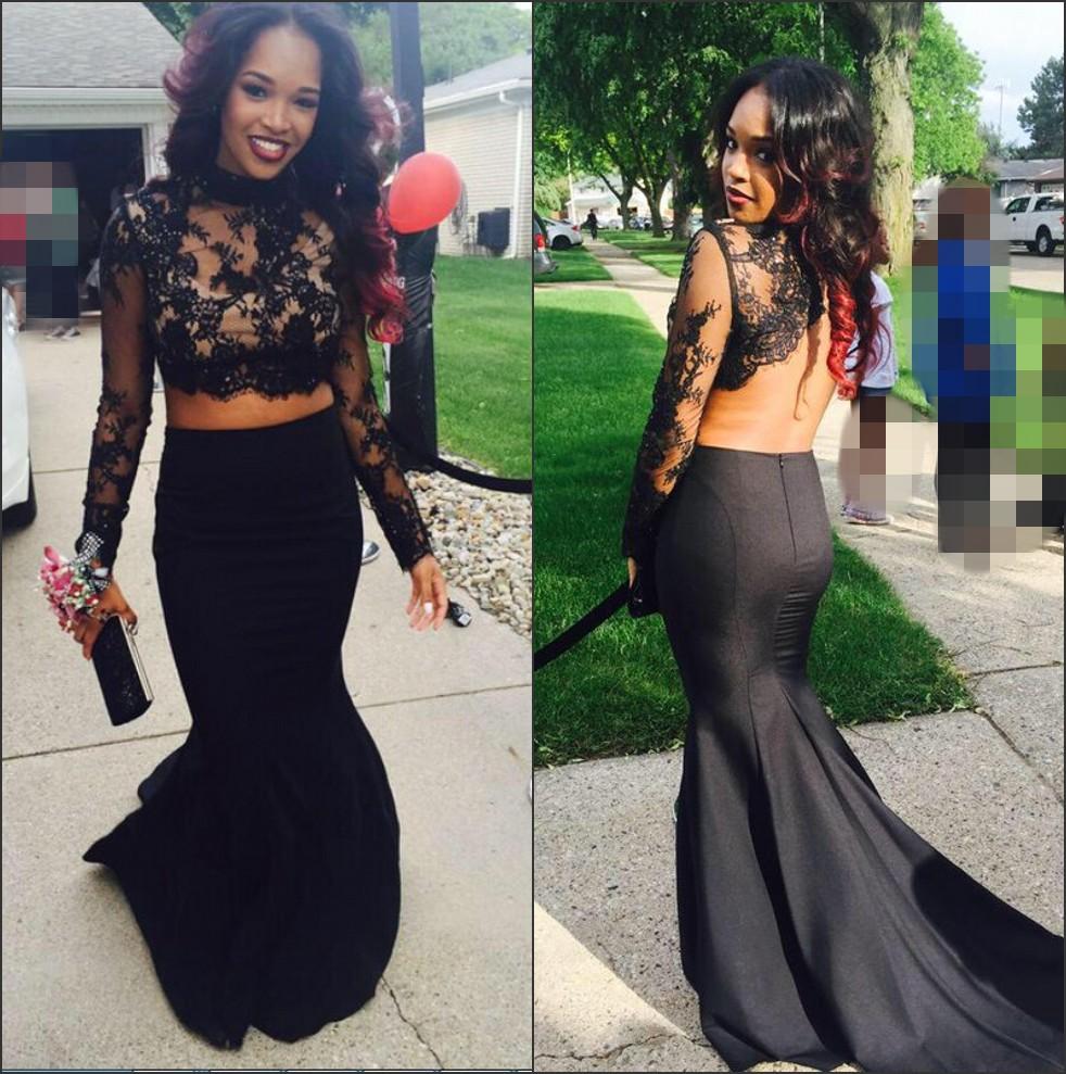 Two-Piece Prom Dresses Black High Neck Long Sleeves Lace Top Mermaid Sexy Evening Gowns-newarrivaldress