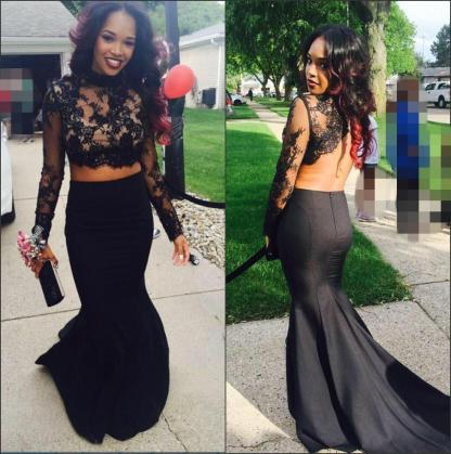 Two-Piece Prom Dresses Black High Neck Long Sleeves Lace Top Mermaid Sexy Evening Gowns-newarrivaldress