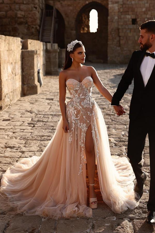 Sweetheart Strapless Side Split Tulle Wedding Dress with Floral Lace Pattern-newarrivaldress