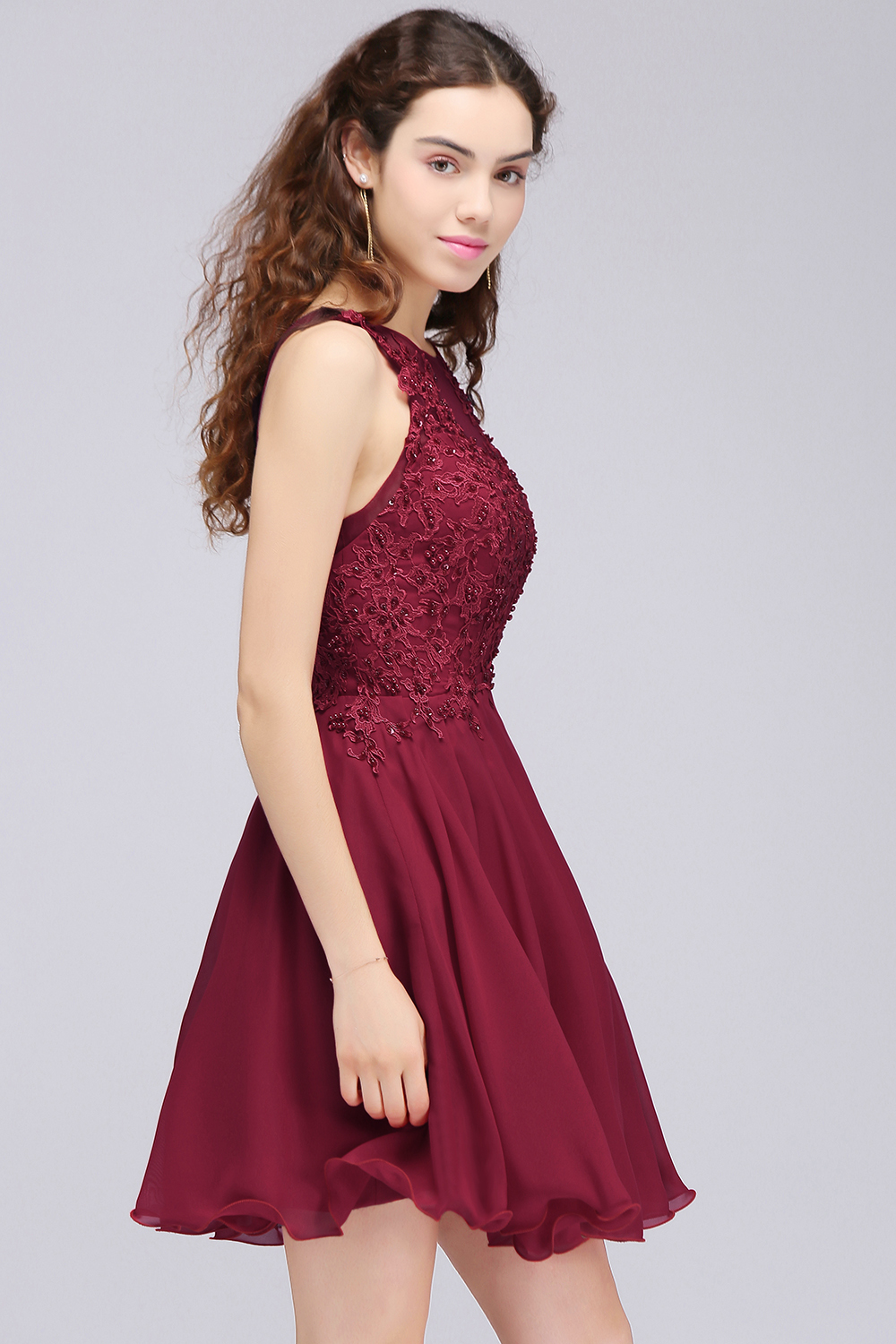 CARLEE | A-line Jewel Short Chiffon Burgundy Homecoming Dresses with Lace Appliques-newarrivaldress
