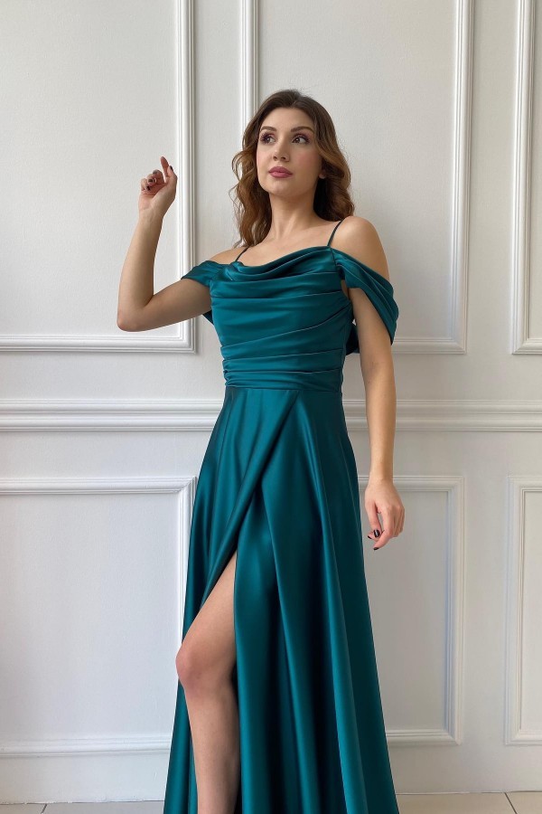 Charming Ruched Satin Long Evening Dress Off Shoulder with Straps Side Slit Special Ocaasion Dress-newarrivaldress