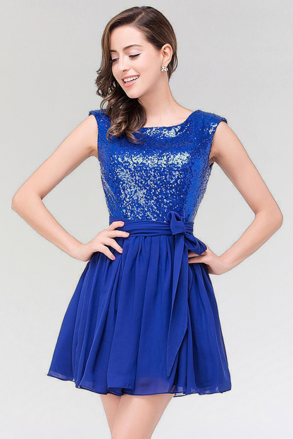 A-line Chiffon Square Sleeveless Bow Ruffles Mini Bridesmaid Dress with Sequins-newarrivaldress