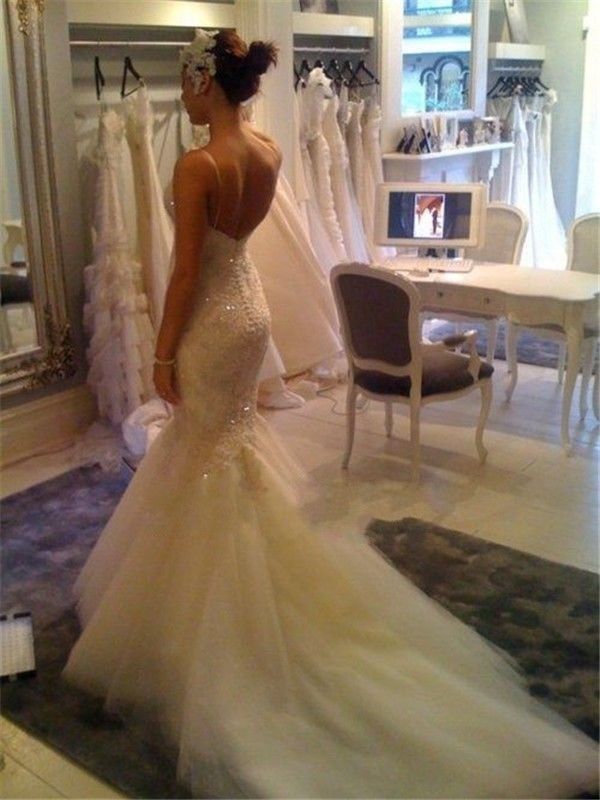 Sexy Spaghetti Straps Mermaid Wedding Dress Court Train Bridal Gowns with Buttons-newarrivaldress