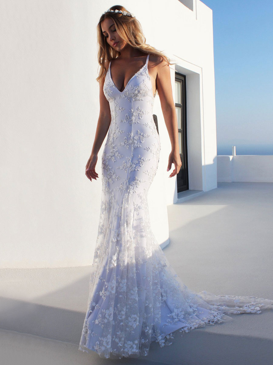 Sexy Mermaid Wedding Dress White V-Neck Backless Lace Bridal Dresses-newarrivaldress