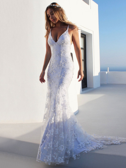Sexy Mermaid Wedding Dress White V-Neck Backless Lace Bridal Dresses-newarrivaldress
