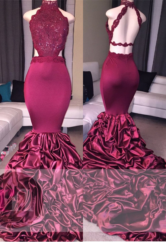 Lace Mermaid Beads Open Back Formal Dresses | High Neck New Arrival Prom Dresses-newarrivaldress