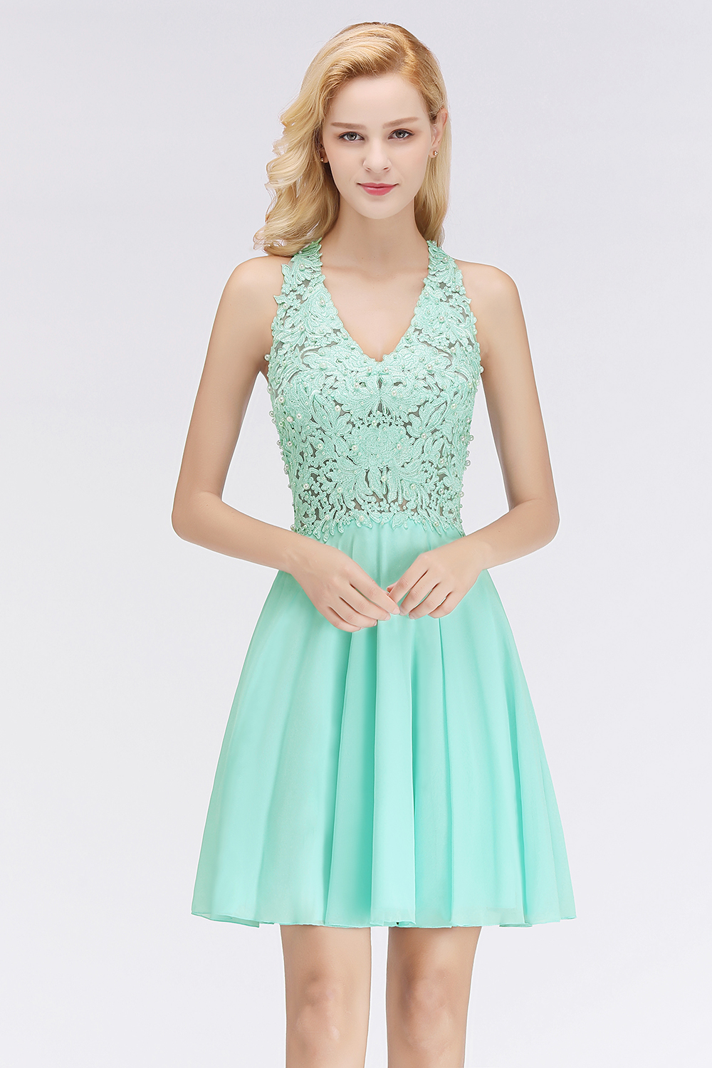 NONA | A-line V-neck Sleeveless Short Appliques Chiffon Homecoming Dresses-newarrivaldress