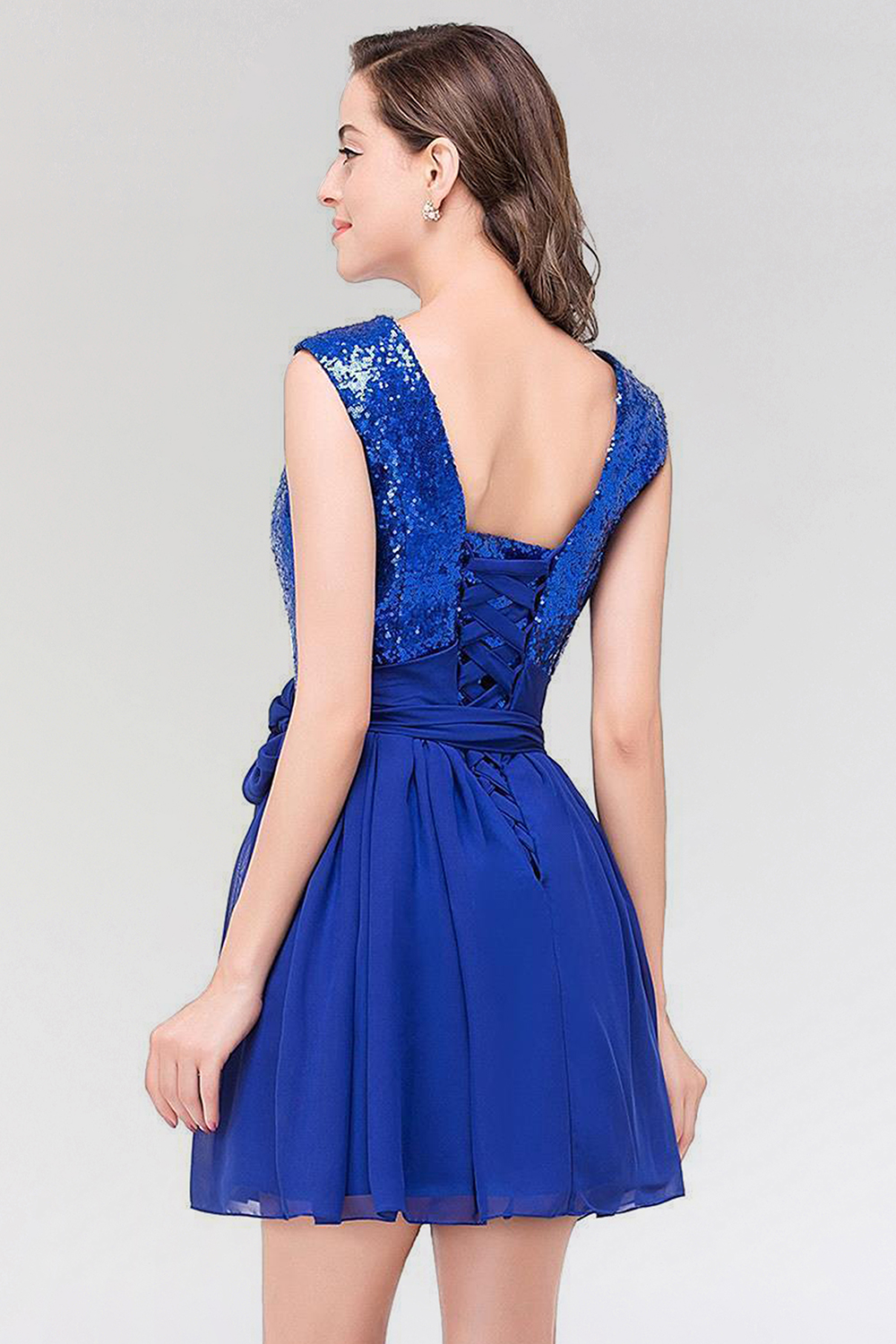 A-line Chiffon Square Sleeveless Bow Ruffles Mini Bridesmaid Dress with Sequins-newarrivaldress
