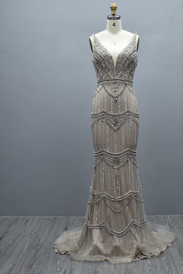 Gorgeous Deep V-Neck Sequins Beadings Long Mermaid Prom Dress with Shawl