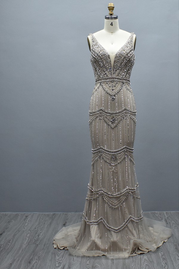 Gorgeous Deep V-Neck Sequins Beadings Long Mermaid Prom Dress with Shawl