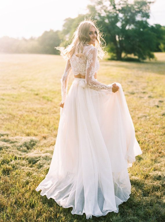 Elegant Two Piece Long Sleeves Chiffon Lace New Arrival A-line Wedding Dresses-newarrivaldress