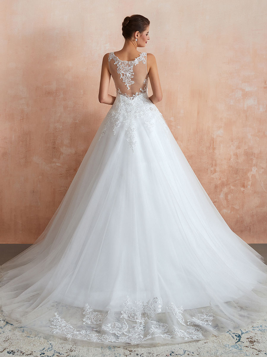 Wedding Dress 2021 V Neck Princess Sleeveless Floor Length Tulle Bridal Gown With Train-newarrivaldress