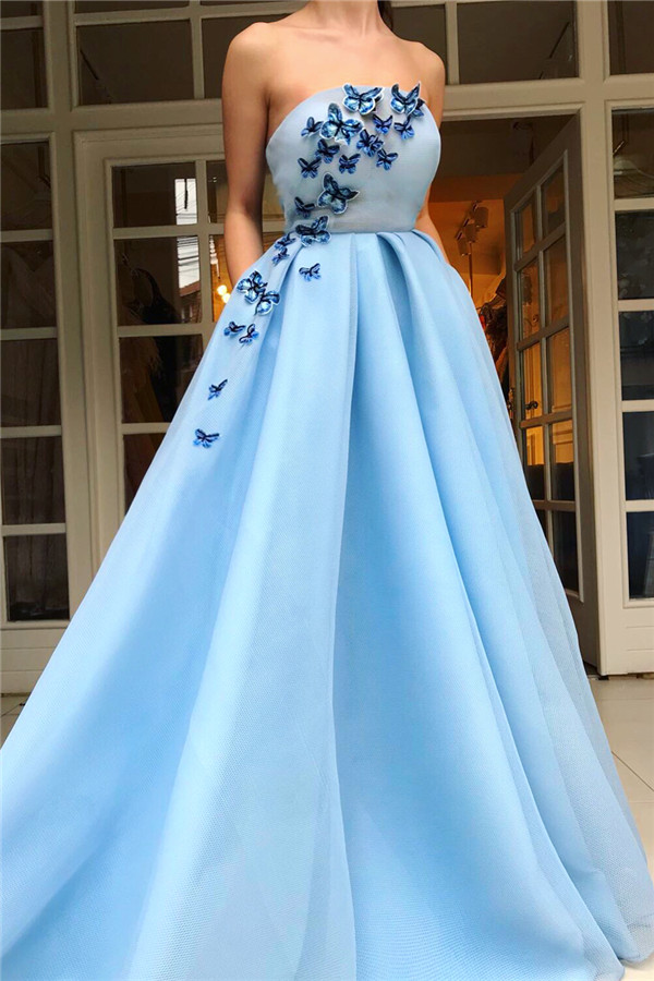 Simple Strapless Sleeveless Blue Tulle Prom Dress | Chic Ruffles Long Prom Dress with Butterfly-newarrivaldress