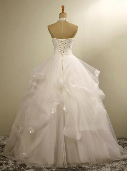 High Neck Lace Appliques Beads Sleeveless Ruffles Ball Gown Wedding Dresses-newarrivaldress