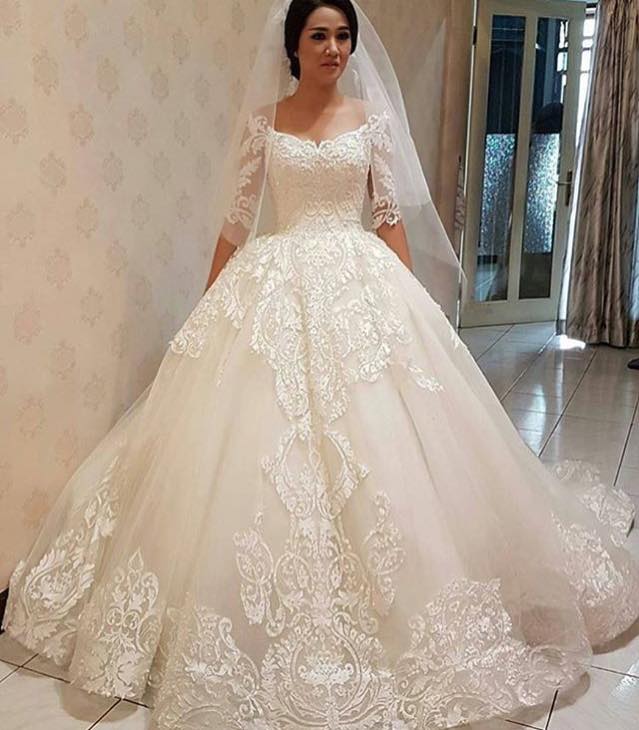 New Arrival Lace Off The Shoulder Half Sleeve Elegant Ball Gown Wedding Dresses-newarrivaldress