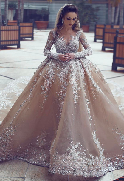 Sparkling Appliques Champagne Ball Gown Wedding Dresses |Luxurious Beads Sequins Long Sleeve Bridal Gowns-newarrivaldress