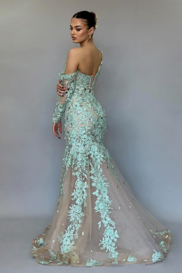 One Shoulder Mermaid Prom Dress with Sleeves Floral Appliques Floor Length Evening Dress-newarrivaldress