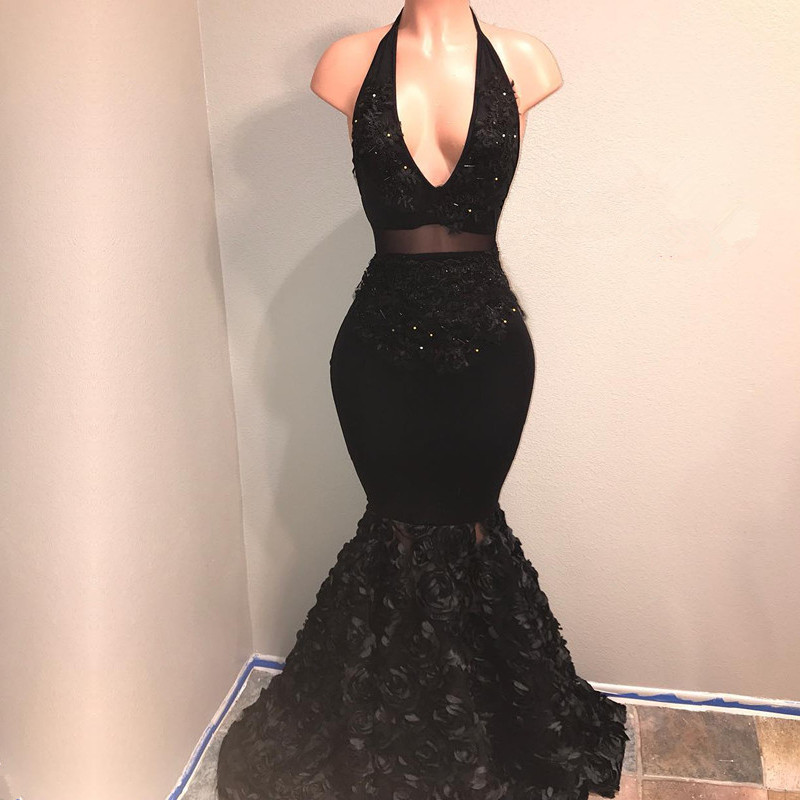 Black V-Neck Prom Dresses | Mermaid Evening Gown With Flowers Bottom BA9153-newarrivaldress